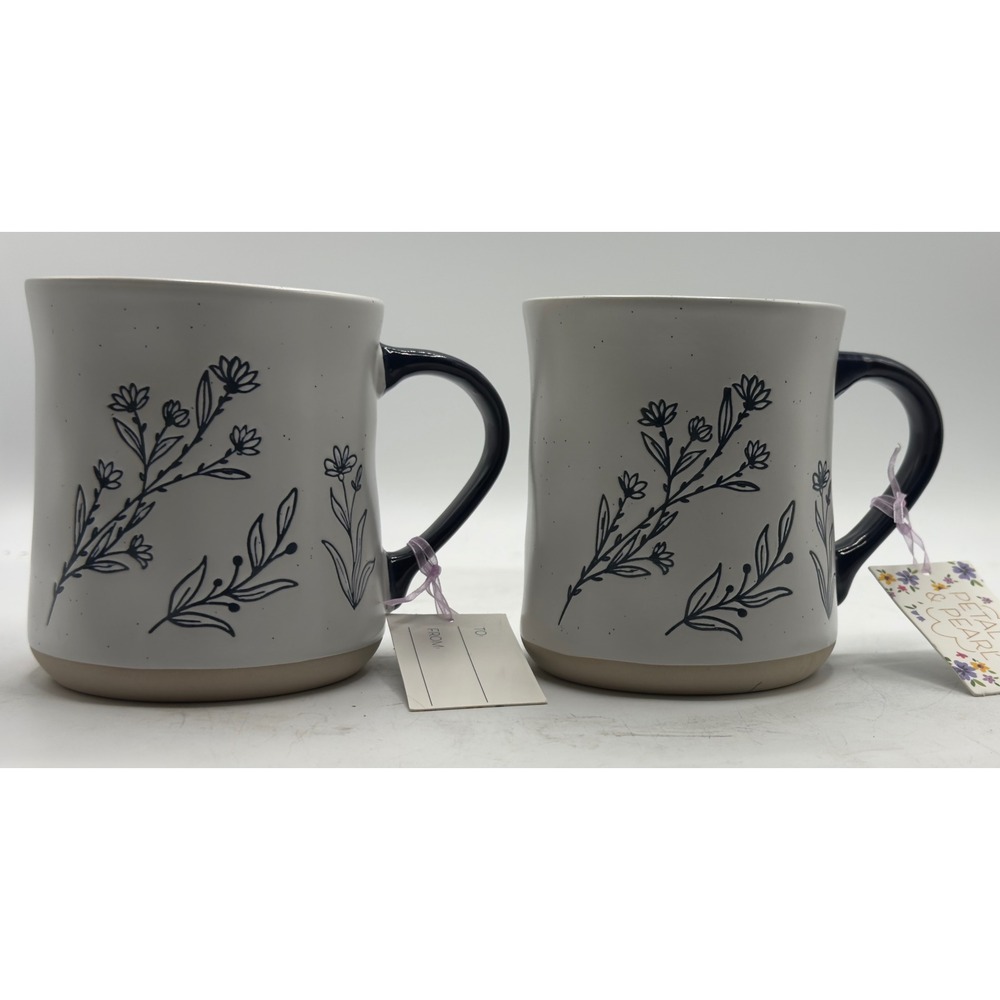 Petal & Pearl Floral Stoneware Mugs (2) White‎ Navy Blue Speckled Wildflower New
